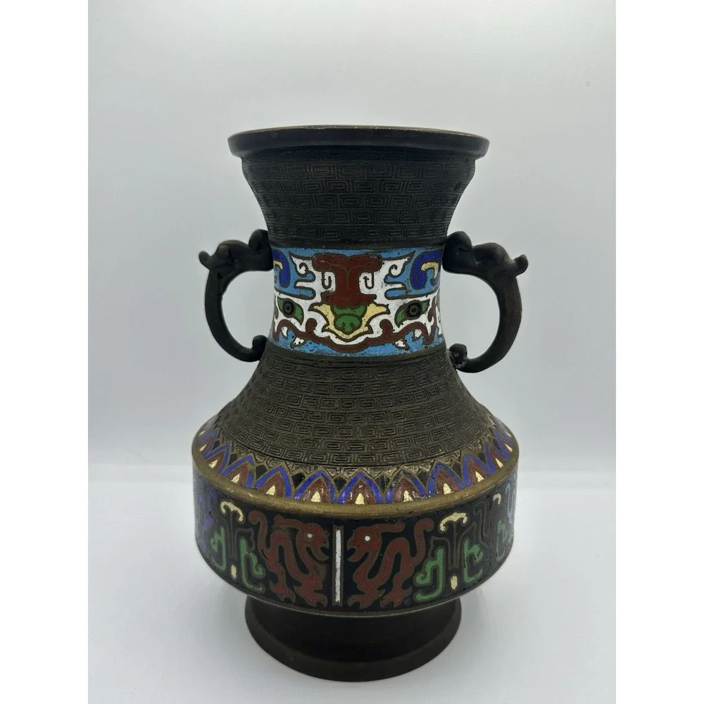 Antique Japanese Enamel Cloisonne Champleve‎ Bronze Vase 10